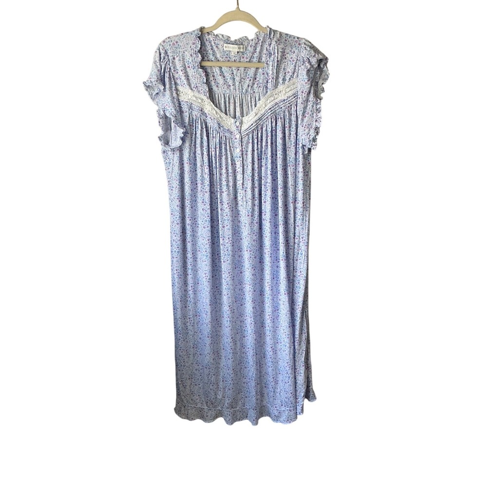 Eileen West Floral Lace Trim Nightgown Blue Purple Sleeveless Plus 1X